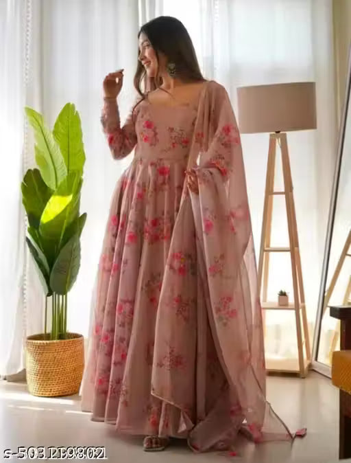 Flower Print Long Gown With Dupatta (No Bottomwear)
