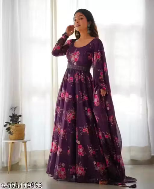 Flower Print Long Gown With Dupatta (No Bottomwear)