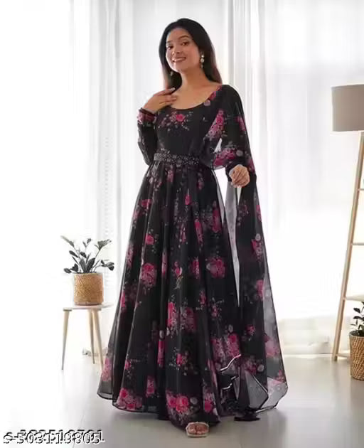 Flower Print Long Gown With Dupatta (No Bottomwear)