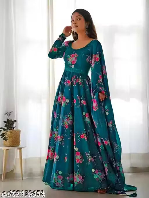 Flower Print Long Gown With Dupatta (No Bottomwear)