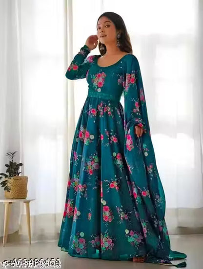 Flower Print Long Gown With Dupatta (No Bottomwear)